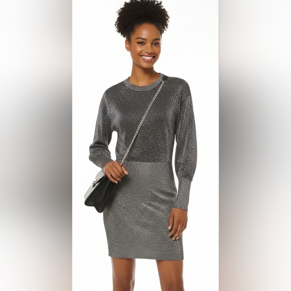 NWOT Michael Michael Kors Gray Metallic Knit Sweater Dress size L